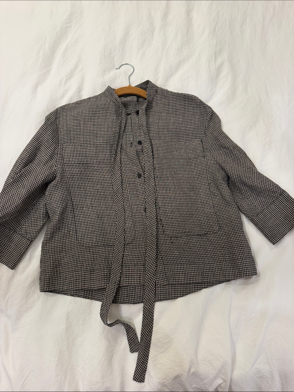 Women's Black & White Checked Collarless Blouse